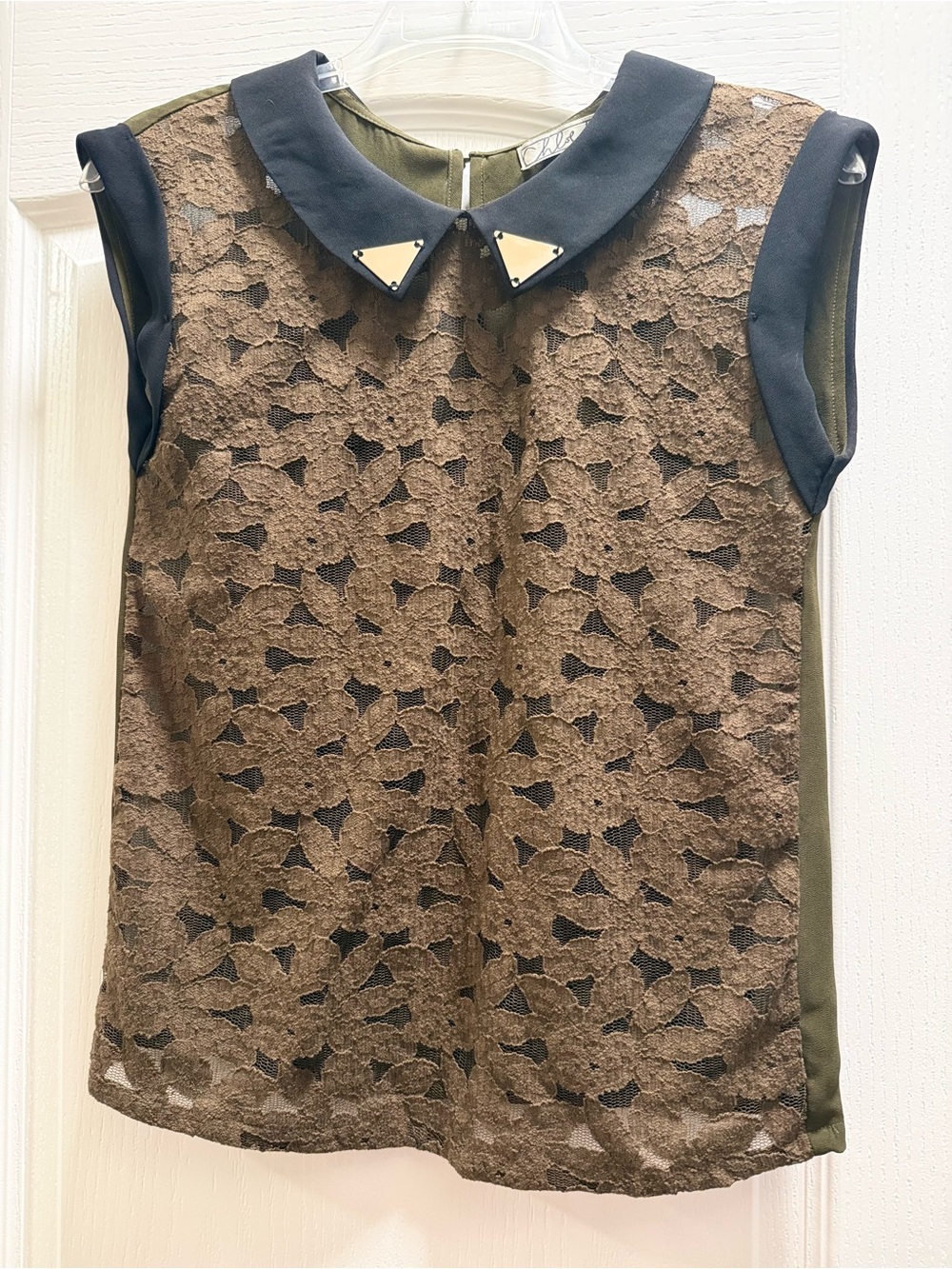 Chloe K Army Green Lace Sleeveless Top with Black Collar & Gold Accents